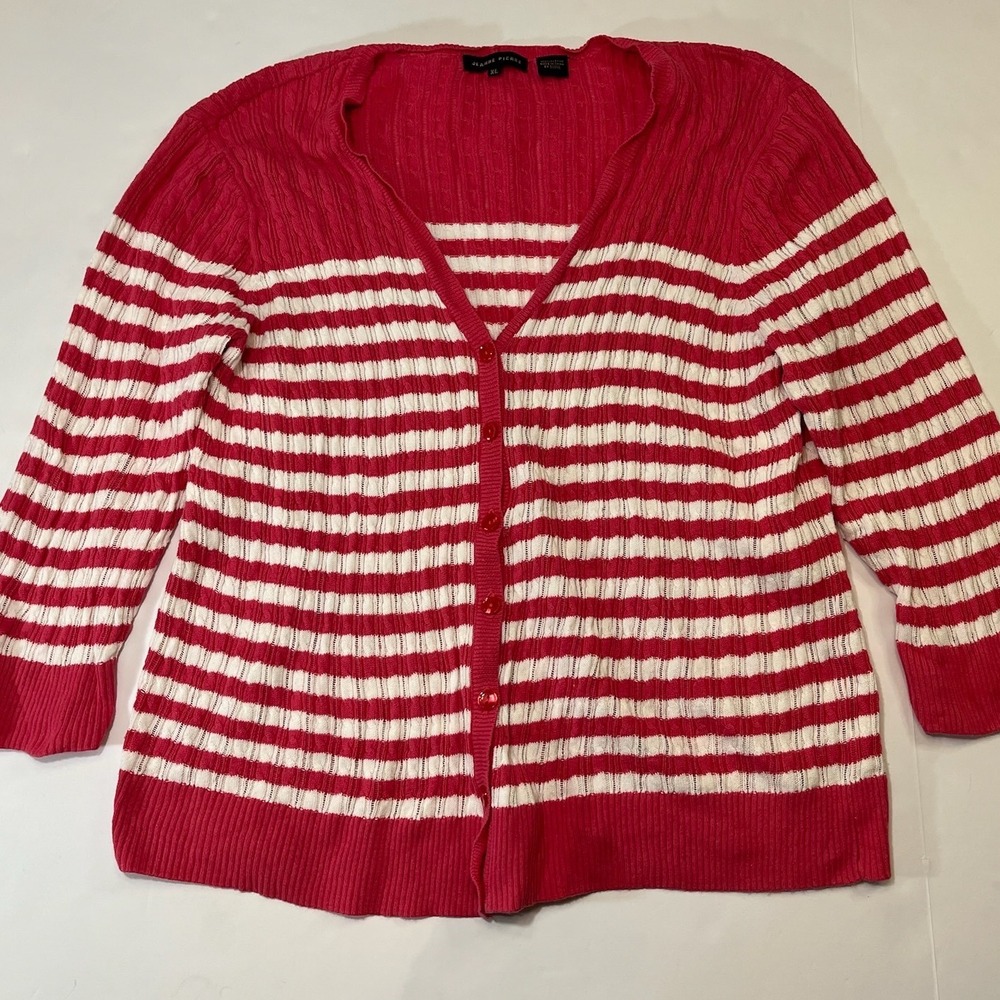 Jeanne Pierre Cardigan Womens XL Pink White Striped Cotton V-Neck Prep‎ Coastal